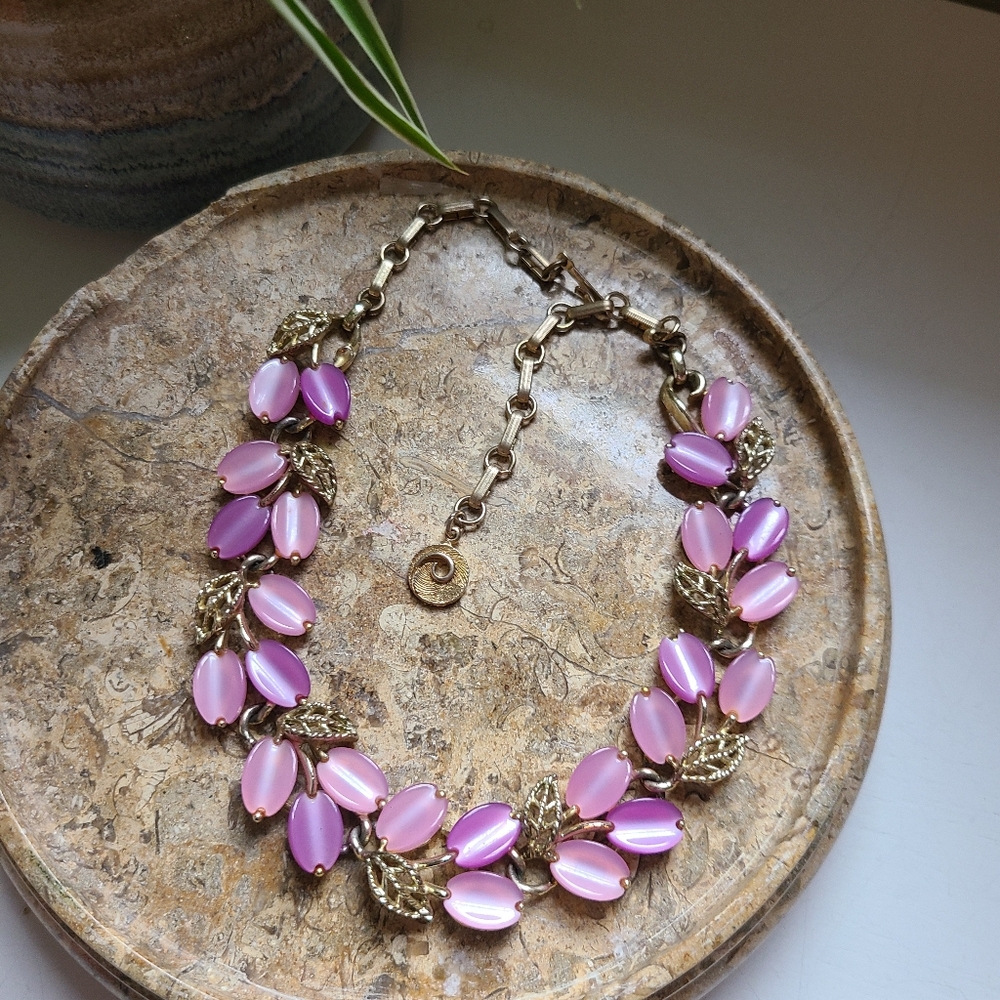 Vintage Thermoset Lisner Pink Leaf Necklace